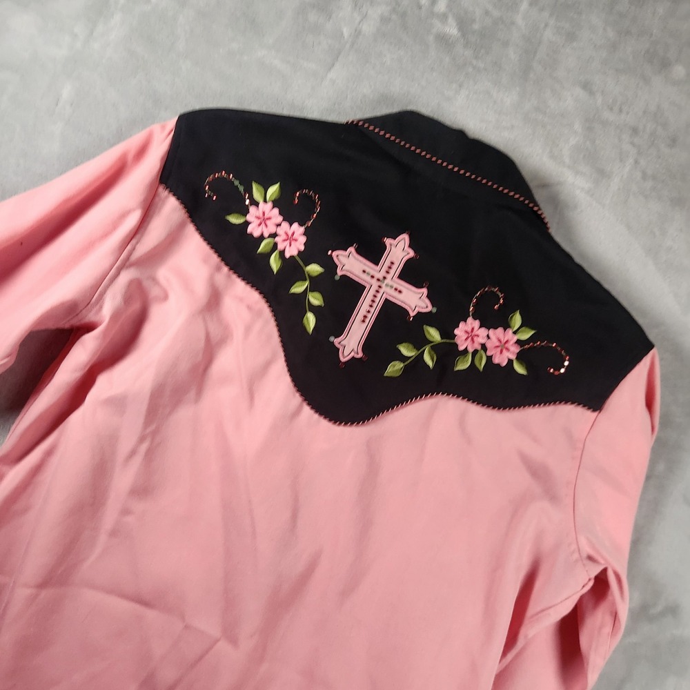 Panhandle Slim Western Shirt Womens L Pink Floral Rose Pearl Snap Cowgirl - Picture 10 of 10
